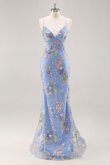 Mermaid Appliqued Blue Prom Dress with Sequins